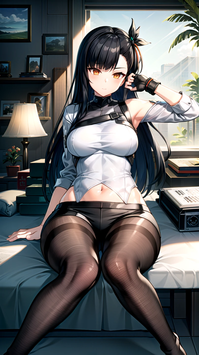 8k,masterpiece, bast quality,big, (1 Girl), Tifa Lockhart, red_eye, Black Hair, Long Hair, Professional Lighting, (Shiny skin: 1.2), shiny big, ((Highest quality)), Sharp focus: 1.2, Highly detailed face and skin texture, detailed eye, Perfect Face, Perfect body, Blur Art, CG, background, Big Breasts, before (20-year-old, A cool and beautiful adult face), wear ((Suspender Black Skirt), Black elbow gloves, White Tight Shirt, thigh, White tank top), red面, (White Maiden),(White panties), Futuristic Tabletop, Sue Steampunk sitting on desk with knees up, nsfw,