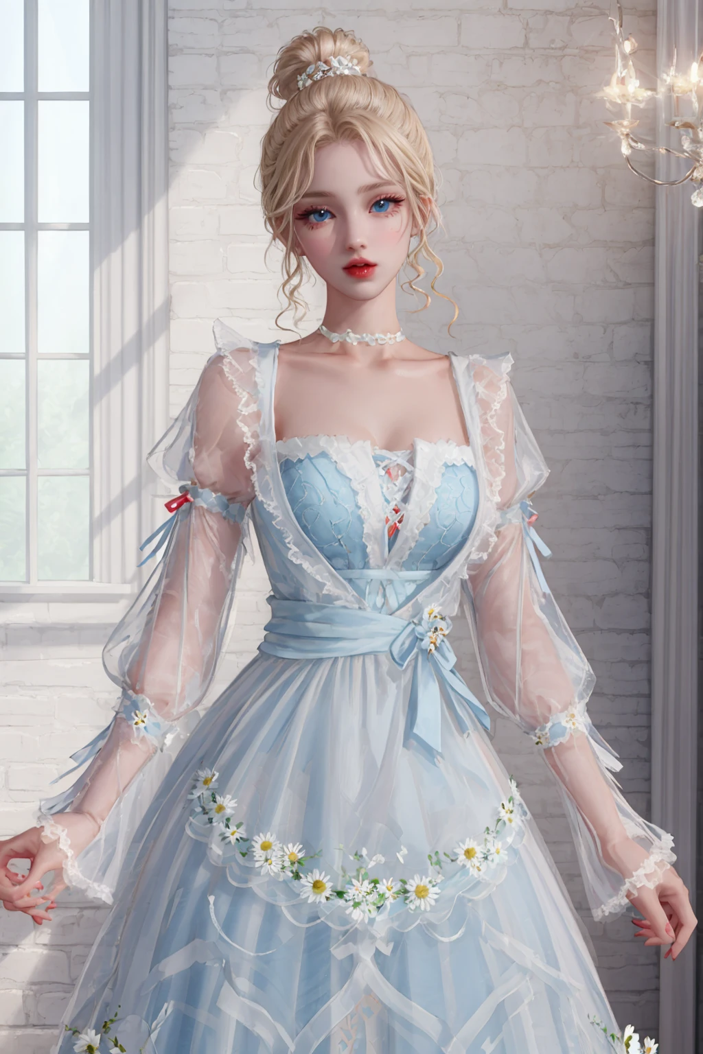 woman, (adult), solo, blonde hair, blue eyes, dress, bouffont dress, transparent long sleeves, daisies, cherry,
sexy pose, sexy face, (high quality), (best quality), (detailed), perfect lighting, detailed face, detailed body, <lora:Dress08:0.7>