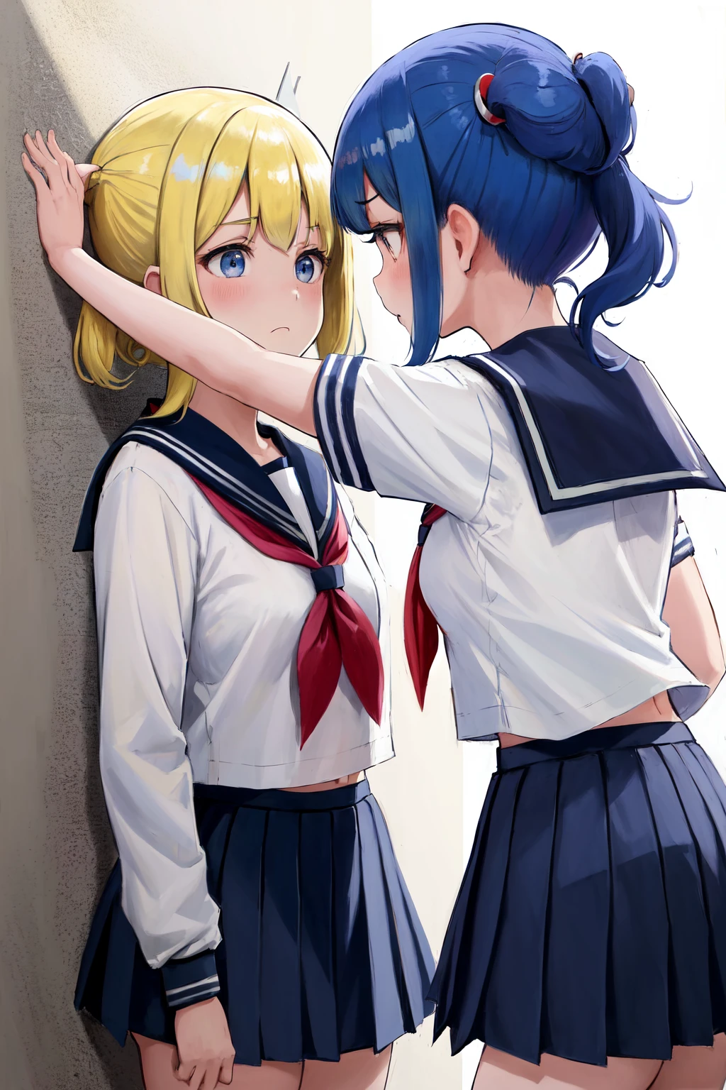 masterpiece, best quality, highres, 2girls kabedon against wall <lora:kabedon_from_side_retry:1> pipimi, popuko, serafuku, school uniform, white shirt, blue hair long hair, blonde hair twintails