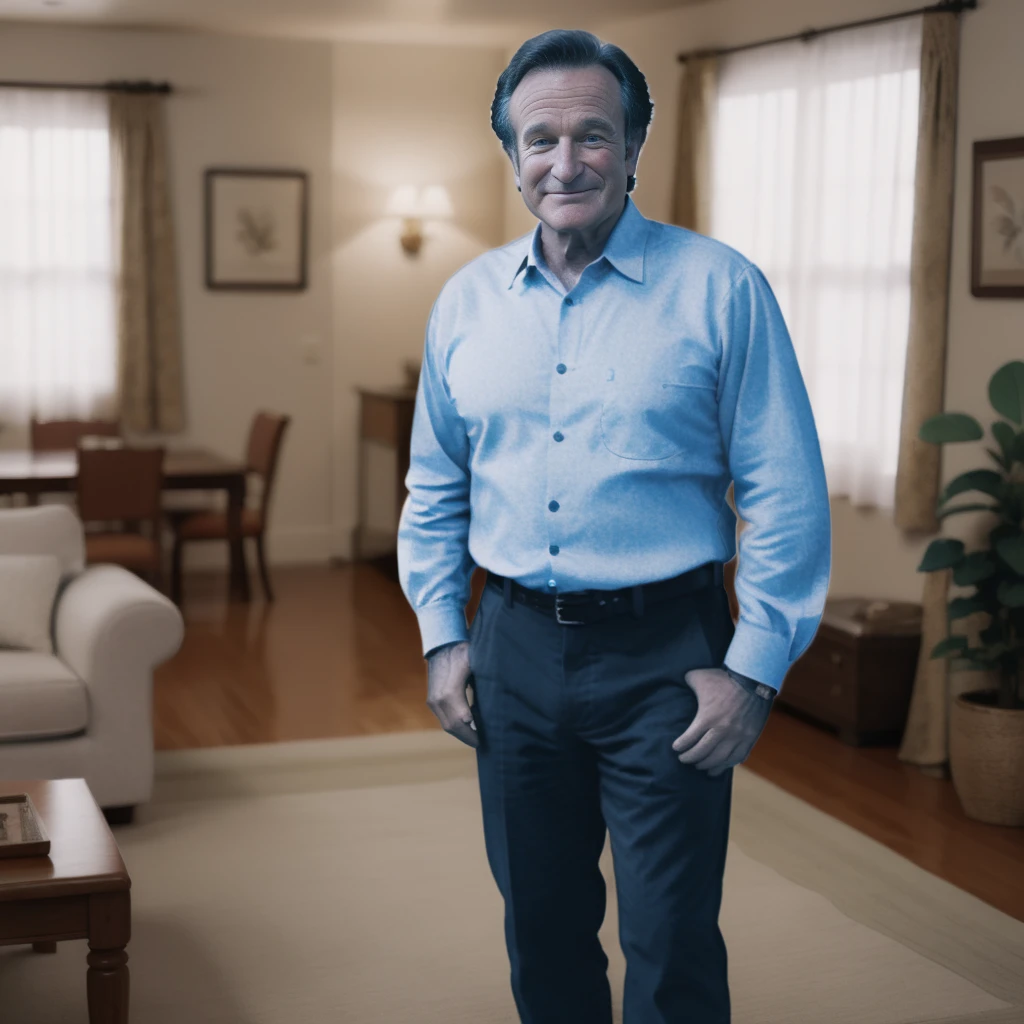 A full-length portrait of a middle-aged man with a warm, inviting smile and twinkling eyes, reminiscent of the late actor Robin Williams. He is casually dressed in a button-up shirt and slacks, his posture relaxed yet expressive. The setting is an inviting living room, with comfortable furnishings and a few personal items that hint at a life rich in experiences. The lighting is soft and natural, highlighting his genial facial features and the subtle play of emotions across his face. The overall style is hyper-realistic, capturing the essence of Robin Williams' unique and beloved persona,<lora:blue_ar:0.85>