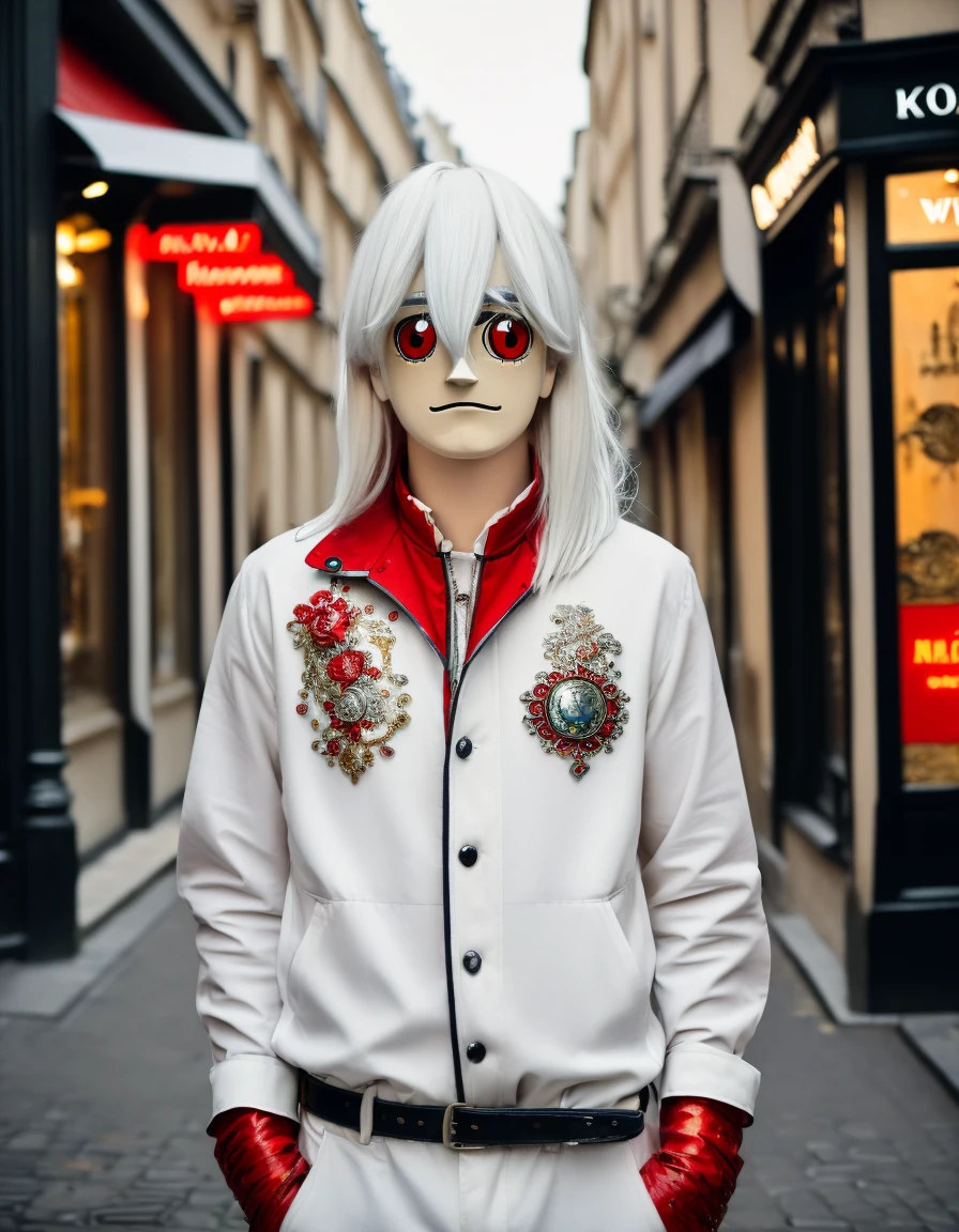 muscolar man, white hair, red eye, casual outfit, posing in paris street, kkw-ph-1, kkw-detailMe-v1.0, <lora:kkw-better-v1.0a:0.38>, kkw-animegao, <lora:kkw-animegao-v1.0a:1>