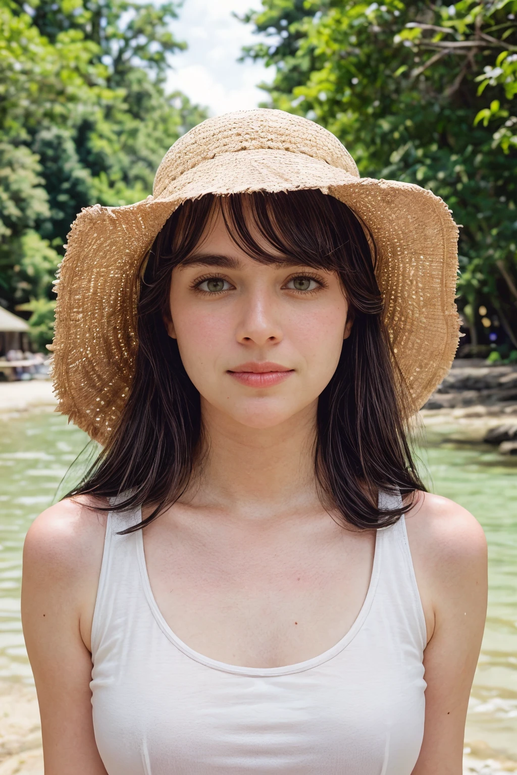 Documentary Photography photo of <lora:PHM_-_Kim_Domingo_LoRA:1> kimdomingo, black hair, Annoyed, Mouth turned down slightly, eyes narrowed, and a tense jaw., (Wide-brim hat, tank top, palazzo pants, sandals), head shot, (lakeside, peaceful shoreline, towering trees, idyllic setting), silhouette lighting, Eye-Level Angle, shot on Z CAM E2-S6 with Zeiss CP.3 15mm T2.9,in style of Walter Pfeiffer, <lora:ReaLora:.2> <lora:PAseer-SD15-LCM Quick:1> <lora:add_detail:0.5>