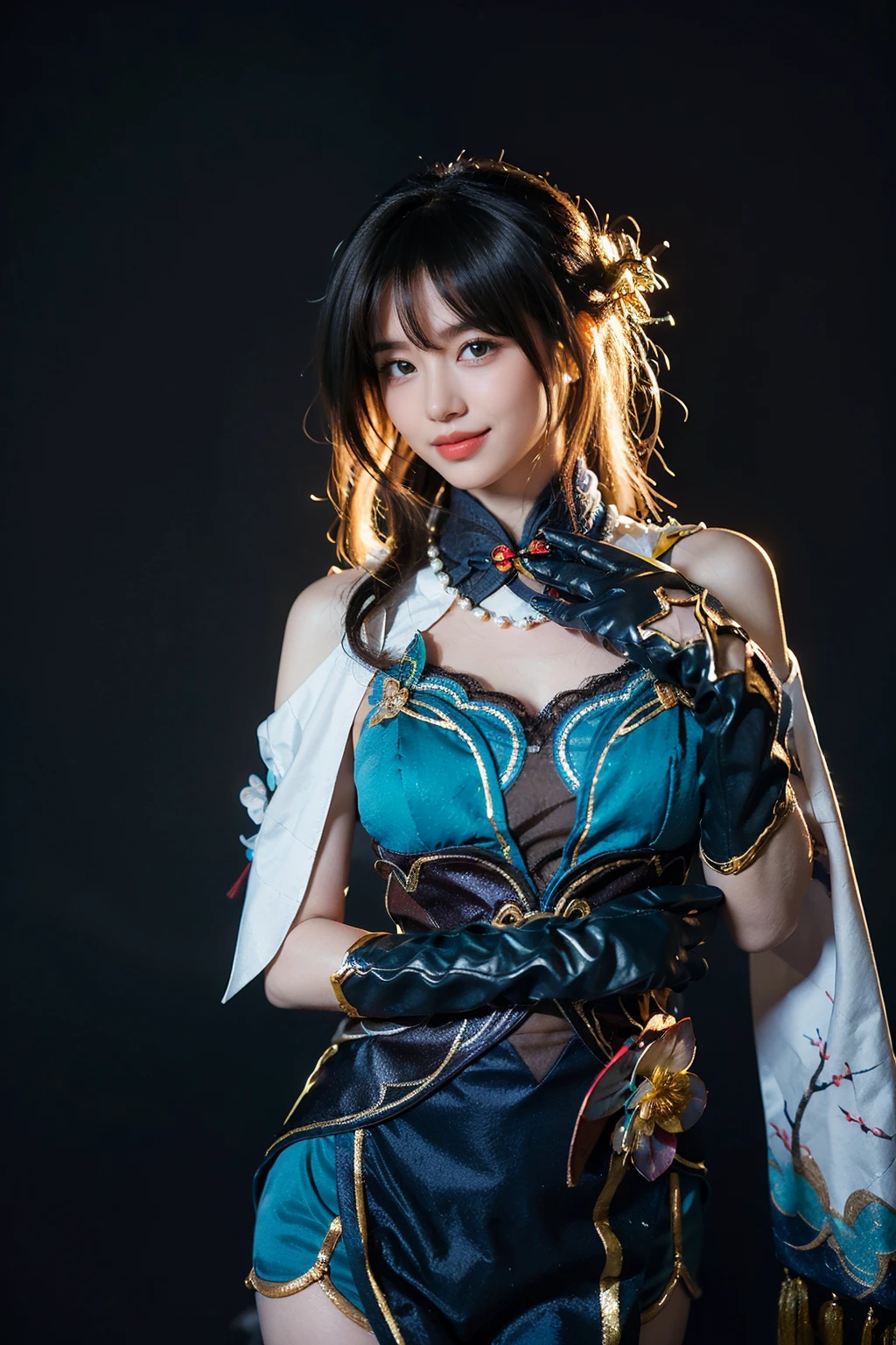 best quality, masterpiece, photorealistic, 1girl, solo, standing, cowboy shot, looking at viewer, smile, closed mouth, bangs, hair between eyes, ruanmei cosplay costume, china dress, chinese clothes, cosplay, ruanmei, dress, gloves, elbow gloves, hair ornament, jewelry, <lora:starrail_Ruanmei_cosplay_v1:0.7>