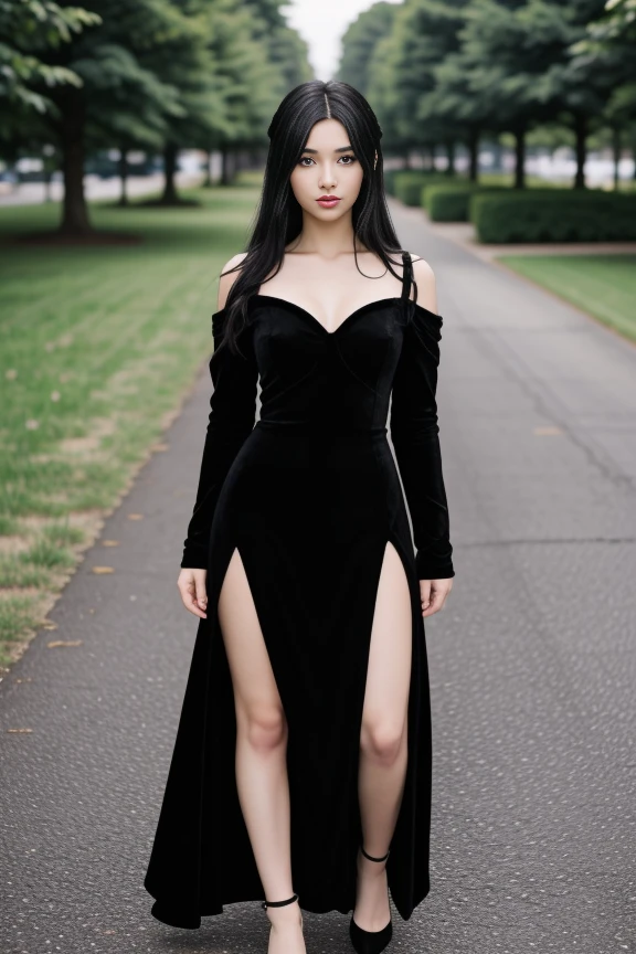 1woman, black hair, center parted long hair, realistic, masterpiece, high detailed skin, wearing random dress, looking at viewer, outdoor view, solo, full body shot
velvet off shoulder long black dress, side slit <lora:Black_Velvet_Dress_By_Stable_Yogi:0.8>