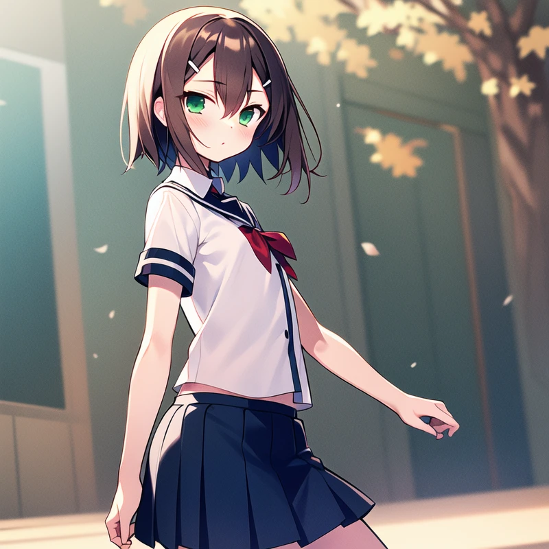 1boy, otoko no ko, male focus, solo, masterpiece, best quality, illustration, absurdres, cute, film_grain, extremely detailed face, perfect lighting, cowboy shot, <lora:hideyoshi_kinoshita:0.7>, hideyoshi_kinoshita, brown hair, green eyes, hair ornament, hairclip, hair between eyes, flat chest, fumizuki academy school uniform, school uniform, see-through, shirt, short sleeves,