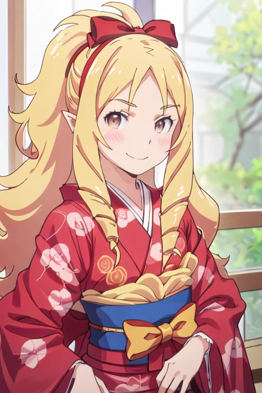 best quality, masterpiece, highres, solo, {yamada_elf_eromangasensei:1.15}, blonde_hair, long_hair, blush, drill_hair, brown_eyes, bow, hair_bow, pointy_ears, red_bow, hairband, 1girl, japanese_clothes, kimono, pink_bow, looking_at_viewer, ponytail, smile, red_kimono, upper_body