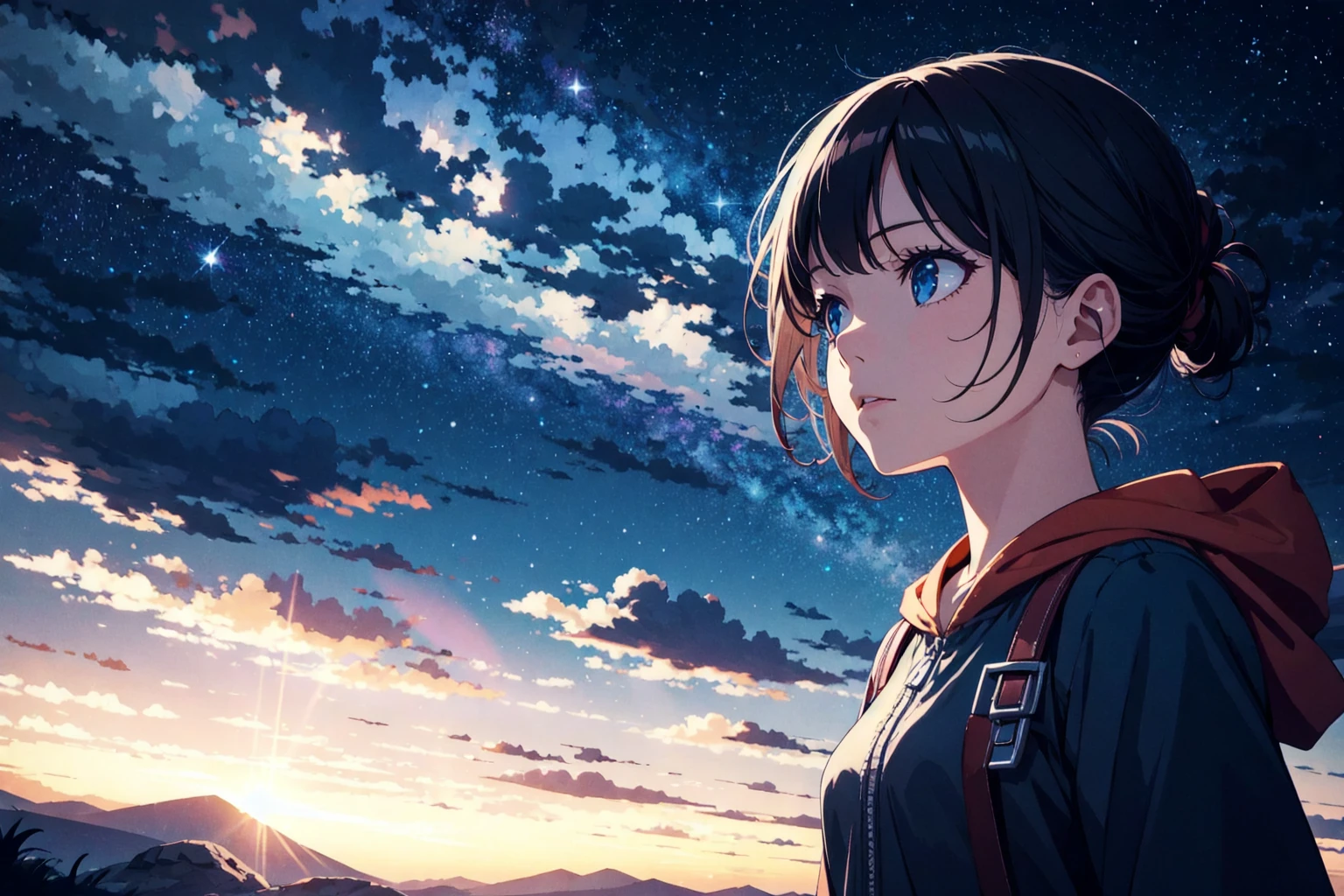 close view,
1girl, shining sky, vast world, gazing, awe-inspiring expression, distant horizon, clouds, high hill, natural beauty, inspiration, night sky, Shining Stars,