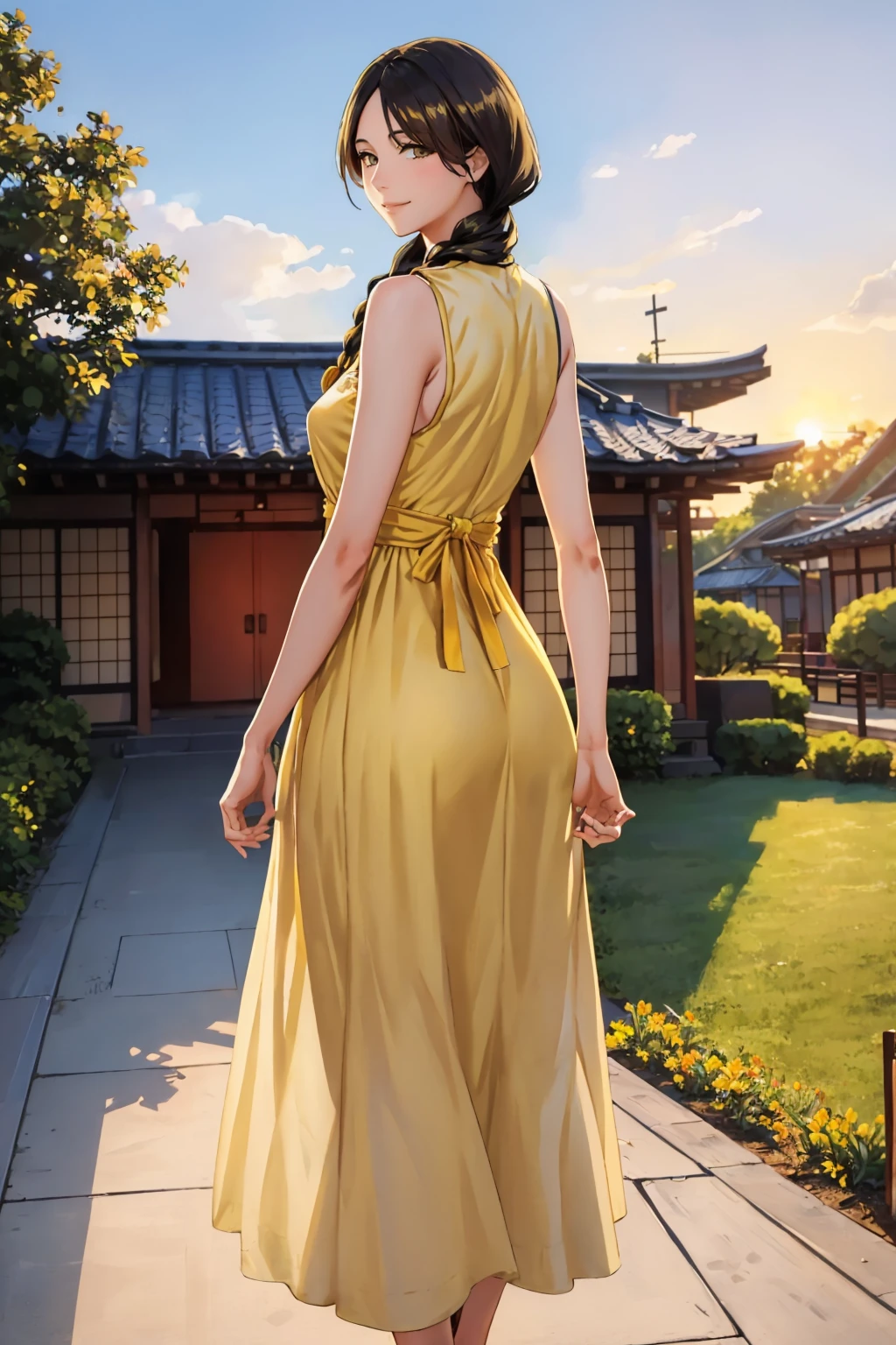 masterpiece, best quality, <lora:unohanaretsu-nvwls-v1-000009:0.9> unohana retsu, single braid, (yellow sundress:1.4), from behind, garden, japanese architecture, sunrise, mature female, smile, cowboy shot