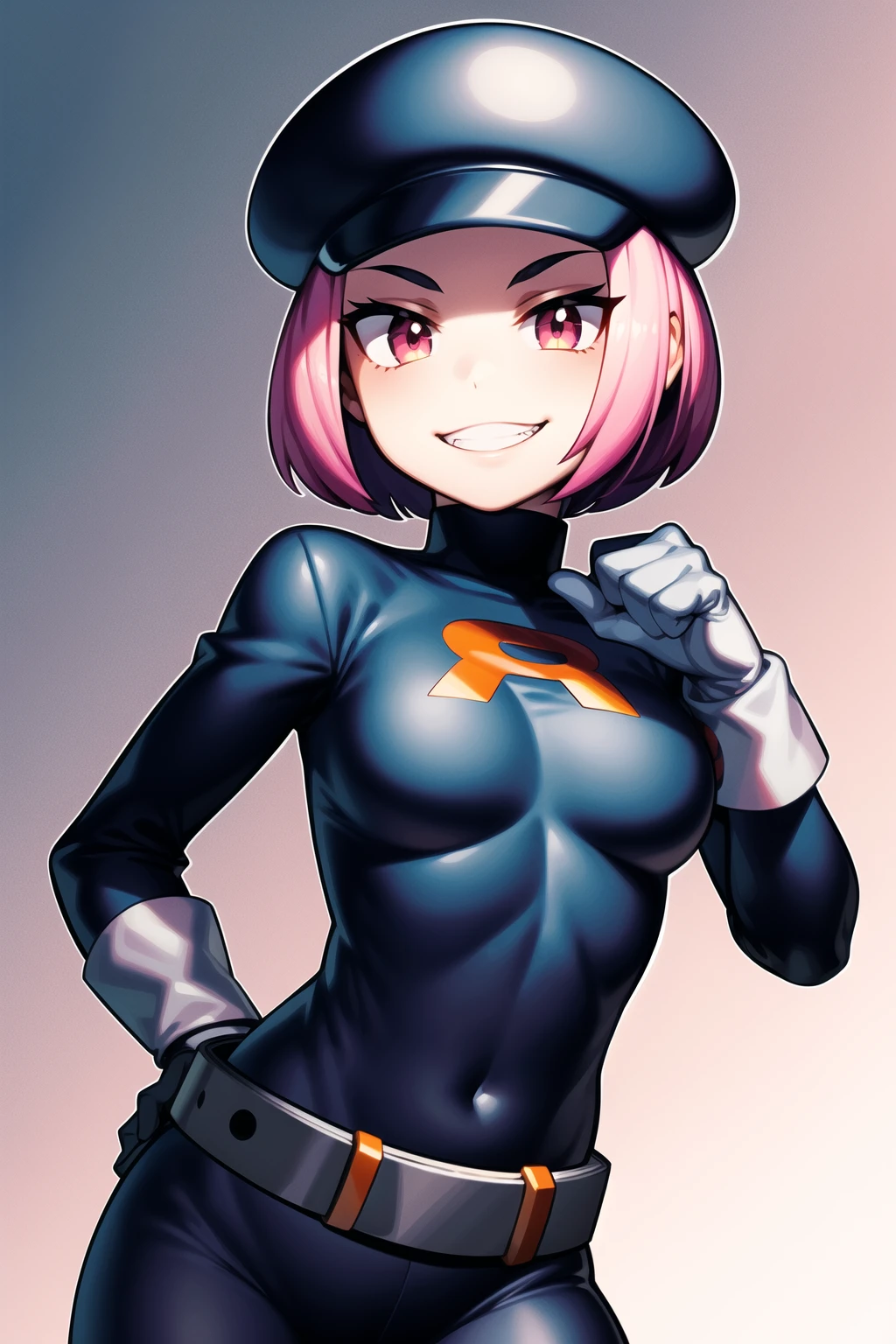 trgrunthgss, 1girl, solo, breasts, looking at viewer, smile, short hair, gloves, hat, pink hair, teeth, belt, grin, grey gloves, grey belt, team rocket, team rocket uniform, <lora:Team_Rocket_Grunt_HGSS:0.6> <lora:more_details:0.3>