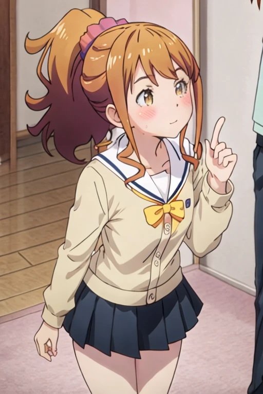 best quality, masterpiece, highres, solo, {jinno_megumi_eromangasensei:1.15}, blush, brown_hair, ponytail, brown_eyes, orange_hair, sidelocks, scrunchie, hair_ornament