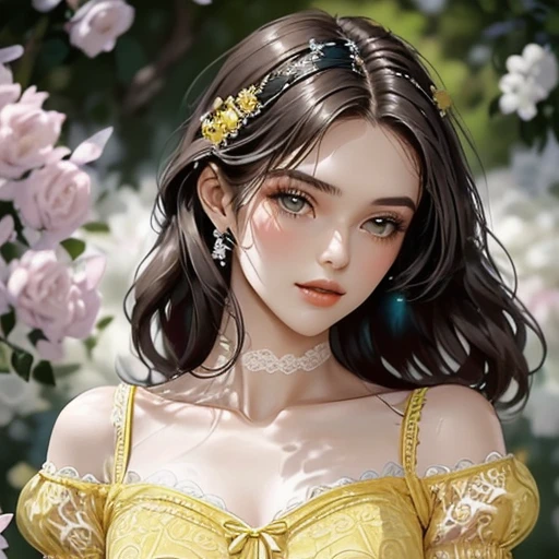 a beautiful woman wearing a yellow lace dress,<lora:ç½åé女:1>,