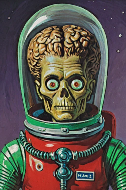 a portrait painting of a martian wearing a green space suit and red tank , marsattacks style, <lora:Mars_Attack_Style_XL_2>