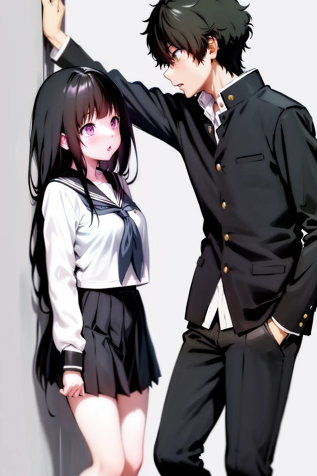 masterpiece, best quality, highres, 1girl 1boy kabedon against wall, school uniform, kamiyama high school uniform (hyouka), serafuku, gakuran <lora:zxq:0.7> <lora:kabedon_from_side_retry:1>