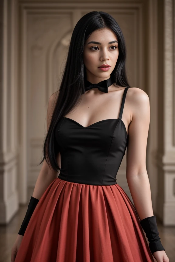 1woman, black hair, center parted long hair, realistic, masterpiece, high detailed skin, wearing random dress, looking at viewer, indoor view, solo
<lora:2023_Long_Dress_By_Stable_Yogi:1> orange halterneck long dress, straps, elbow gloves, neck bow tie, plaid long skirt