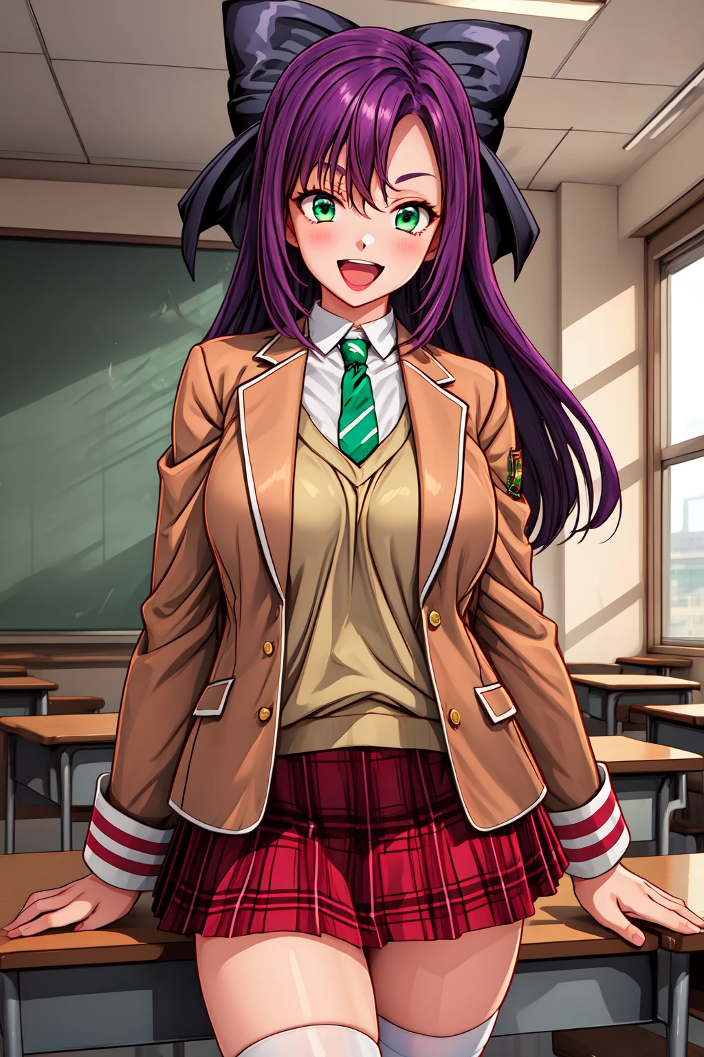 1girl, classroom, cowboy shot, smile, open mouth,
bg_mai, green eyes, purple hair, long hair, hair bow, school uniform, brown jacket, blazer, necktie, long sleeves, shirt, plaid skirt, white thighhighs, <lora:BG_mai_lora_ver3:0.7>, best quality, masterpiece, highres, <lora:GoodHands-vanilla:1>