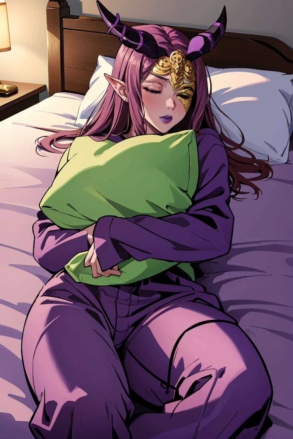 masterpiece, best quality, <lora:nuibaba-nvwls-v1-000010:0.8> nuibaba, green eyes, purple skin, horns, mask, lipstick, purple pajamas, purple pants, bed, sleeping, pillow, stuffed animal, closed eyes