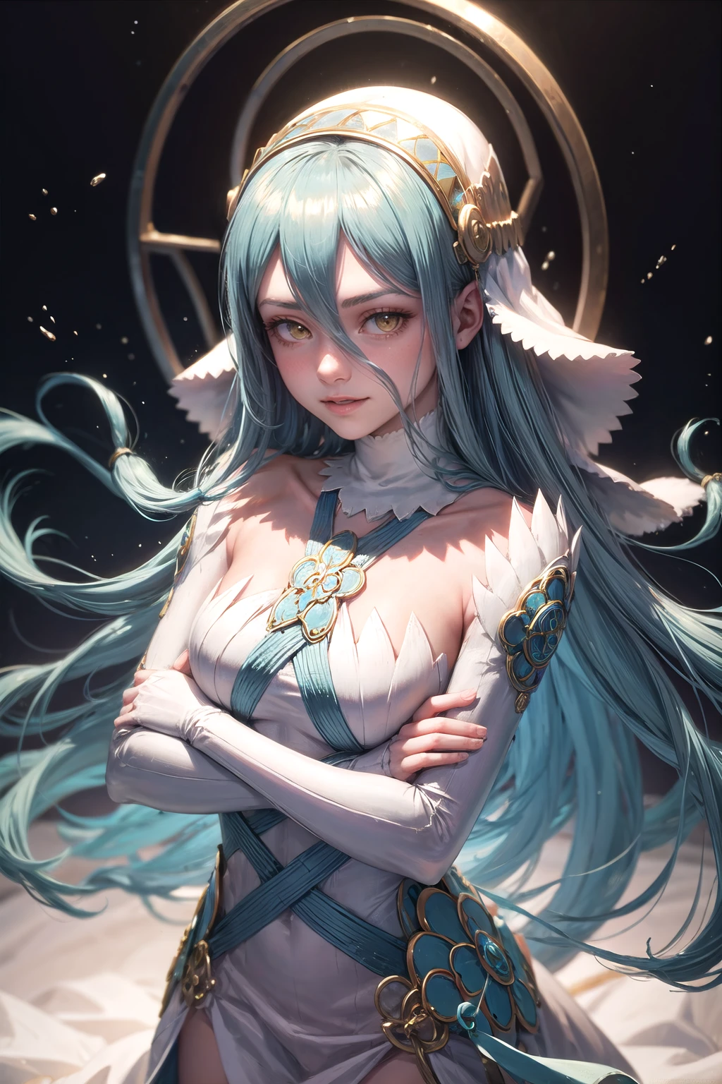 <lora:wrenchfeazura:1>, feazura, veil, happy, 1girl, crossed arms, portrait, <lora:add_detail:0.5>,