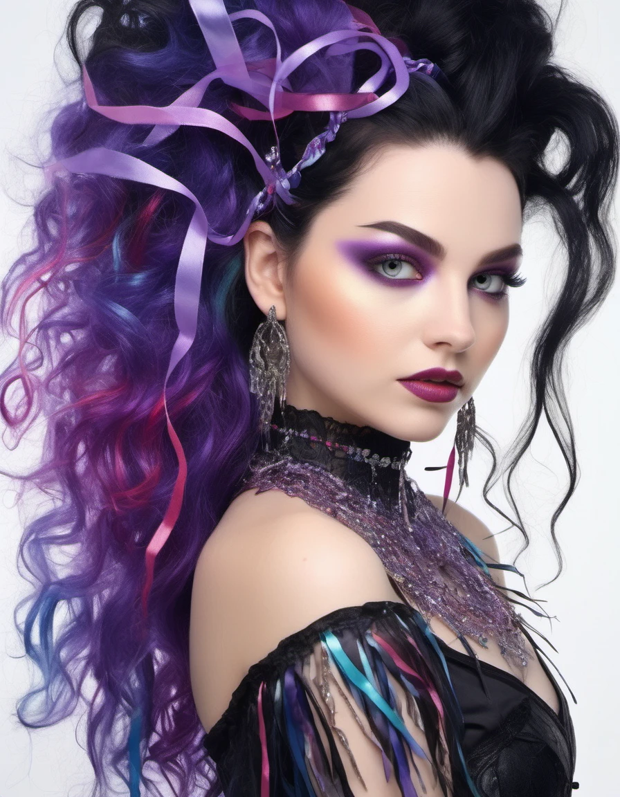 <lora:Amy Lee:1> , portrait photo of amlyleevan, dressed in a purple corset, with colorful streamers in her hair, black hair , (masterpiece, top quality, best quality,)