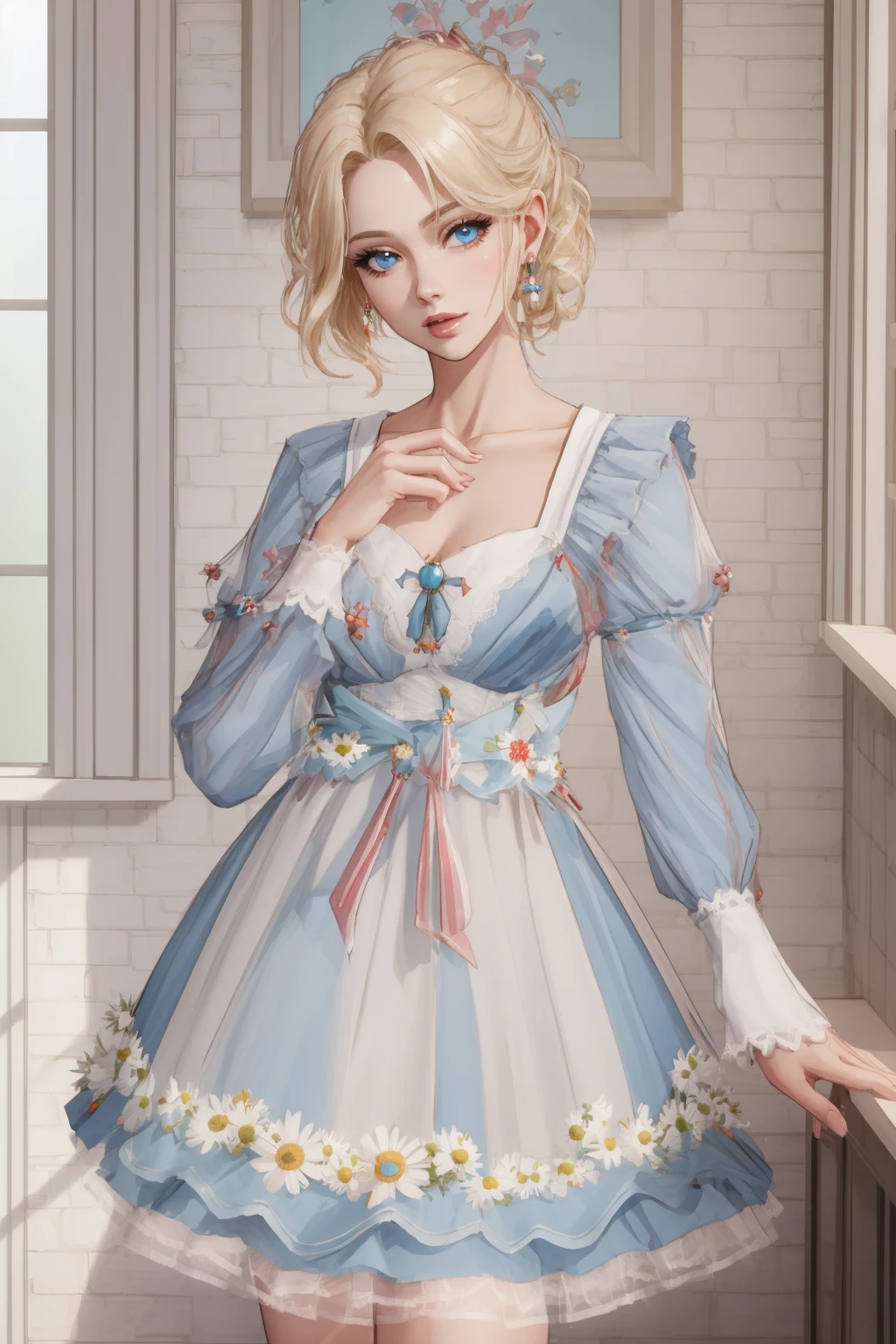 woman, (adult), solo, blonde hair, blue eyes, dress, bouffont dress, long sleeves, daisies, cherry,
sexy pose, sexy face, (high quality), (best quality), (detailed), perfect lighting, detailed face, detailed body, <lora:Dress08:0.7>