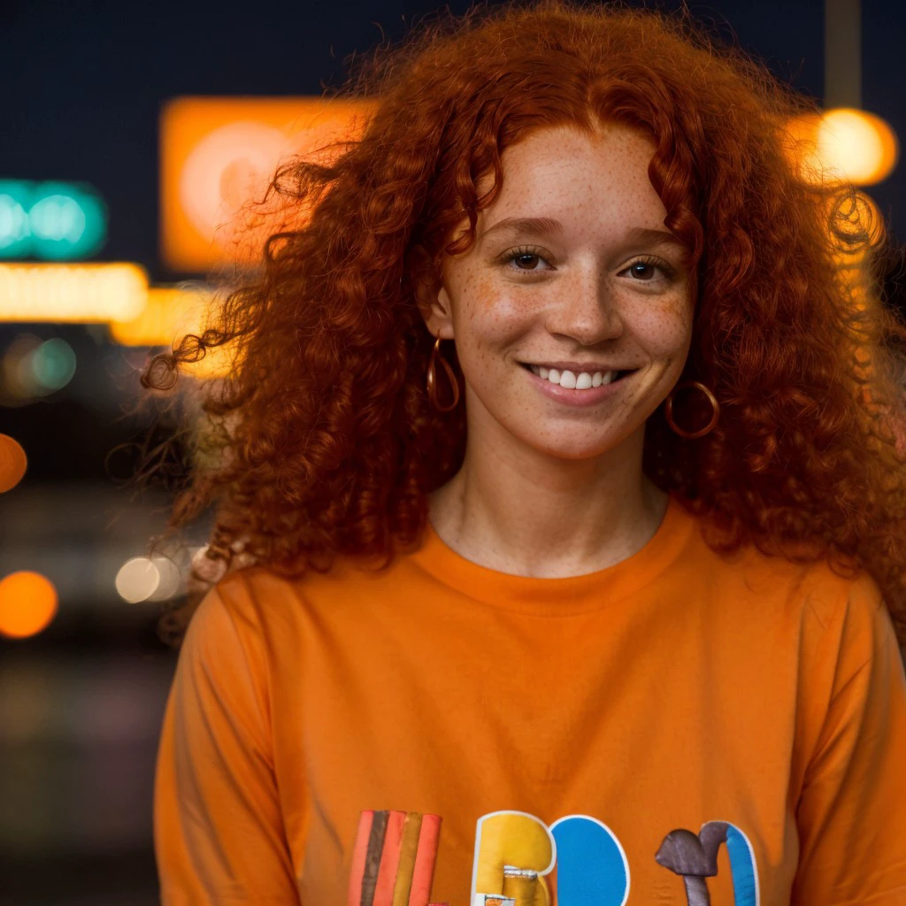 <lora:ernkl-23:1> ernlk, red hair,long curly hair,orange shirt,smile,close-up,masterpiece,8k,uhd,soft lighting ,city street, bokeh,dof,night,neon lights