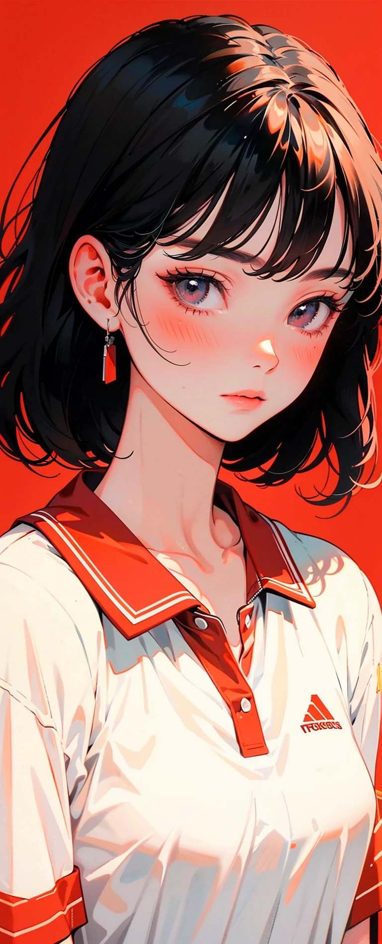 Masterpiece,best quality,extremely clear 8K wallpaper,high quality,
solo,1girl,
minimalist,illustration,<lora:Minimalist:0.9>,red background,tennis_uniform,portrait,