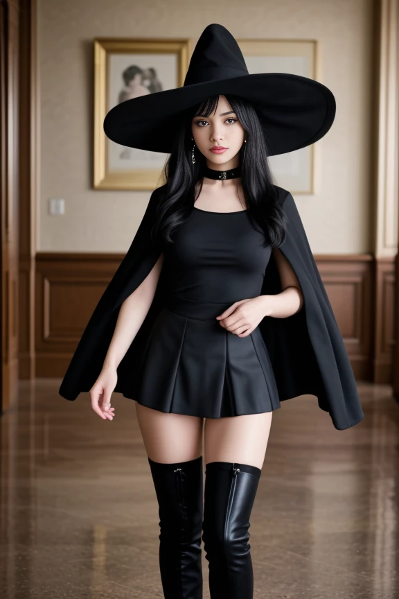 1woman, black hair, center parted long hair, realistic, masterpiece, high detailed skin, wearing random dress, looking at viewer, indoor view, solo
<lora:Black_Witch_By_Stable_Yogi:0.8> black skirt, black t shirt, earrings, boots, witch hat, choker, cape
