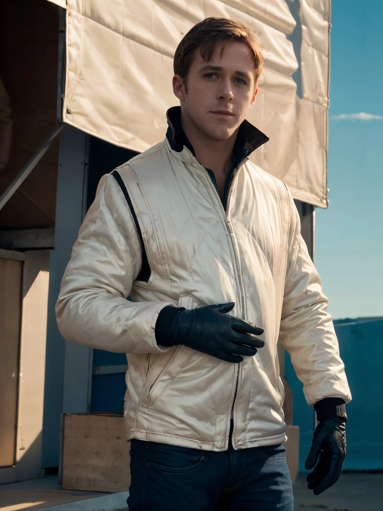 <lora:driv3man,white jacket,blue pants-23:1> driv3man,white jacket,black gloves,standing,hands in the pockets,masterpiece,blue sky in background,8k,uhd,soft lighting,volumetric lighting,clouds