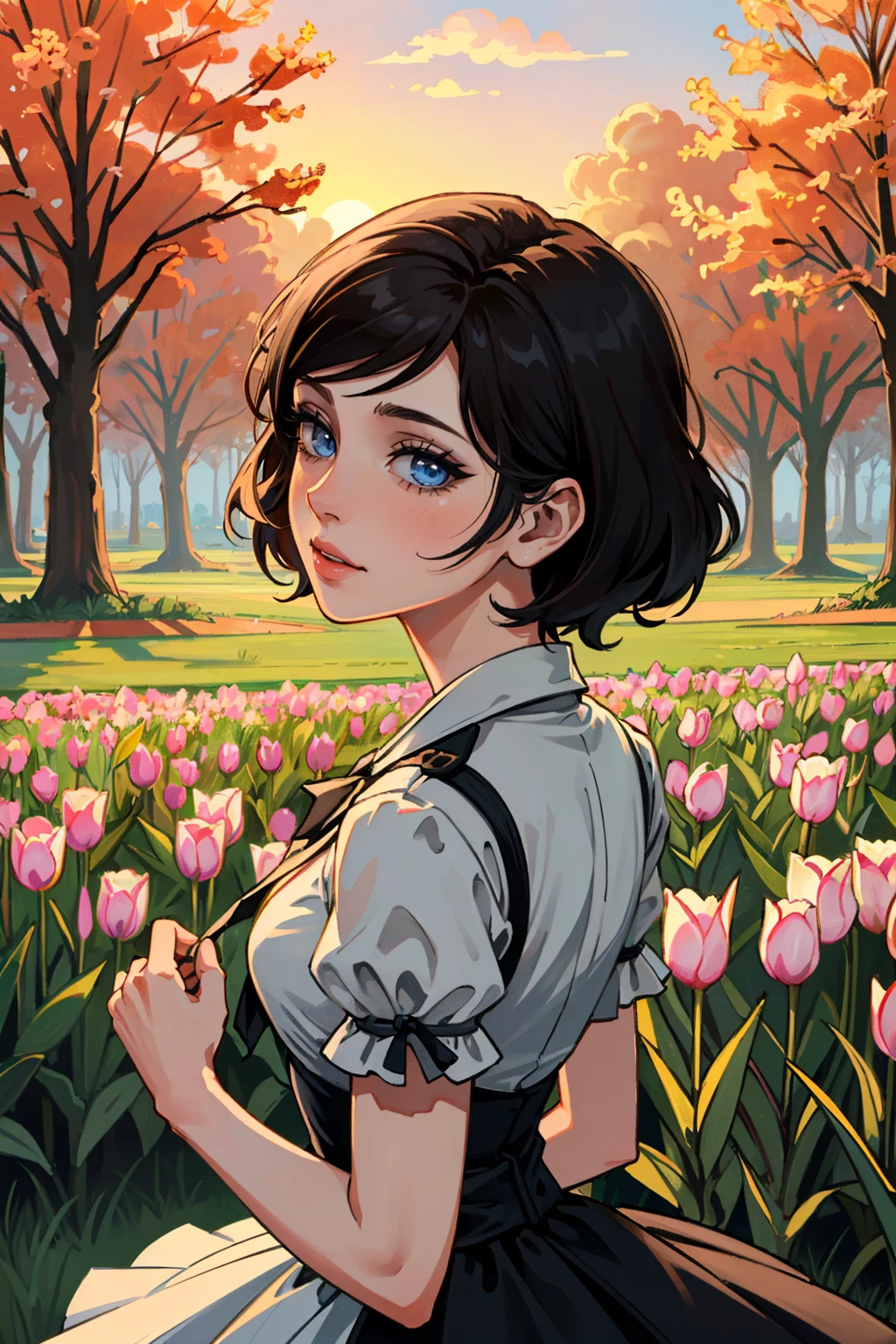((ultra detailed, masterpiece, best quality))
<lora:BioshockElizabeth:0.9>
BioshockElizabeth, 1girl, blue eyes, short hair, In a field of tulips at golden hour, elegant dress, twirling with joy