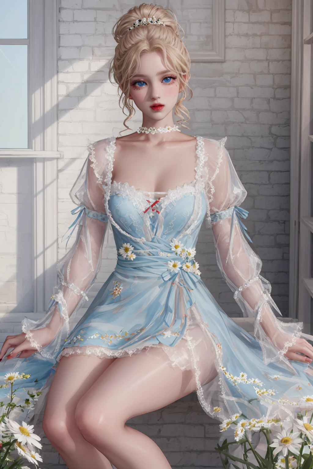 woman, (adult), solo, blonde hair, blue eyes, dress, bouffont dress, transparent long sleeves, daisies, cherry, 
sitting, sexy pose, sexy face, (high quality), (best quality), (detailed), perfect lighting, detailed face, detailed body, full body, <lora:Dress08:0.7>