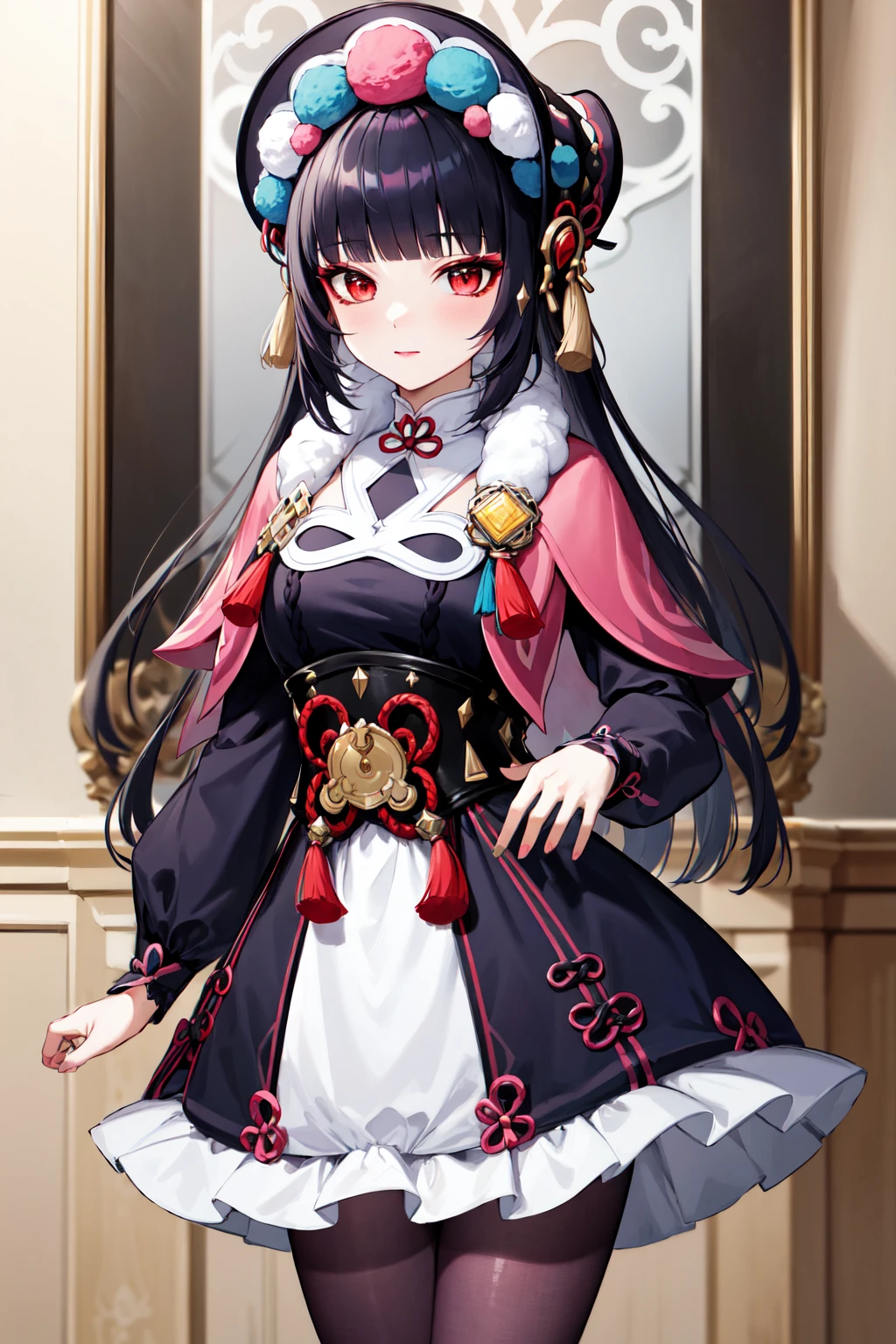 masterpiece, best quality, highres, aayunjin, long hair, bonnet, tassel, makeup, fur trim, pink capelet, dress, long sleeves, purple pantyhose, <lora:yun_jin_v1:0.7>, standing, cowboy shot,