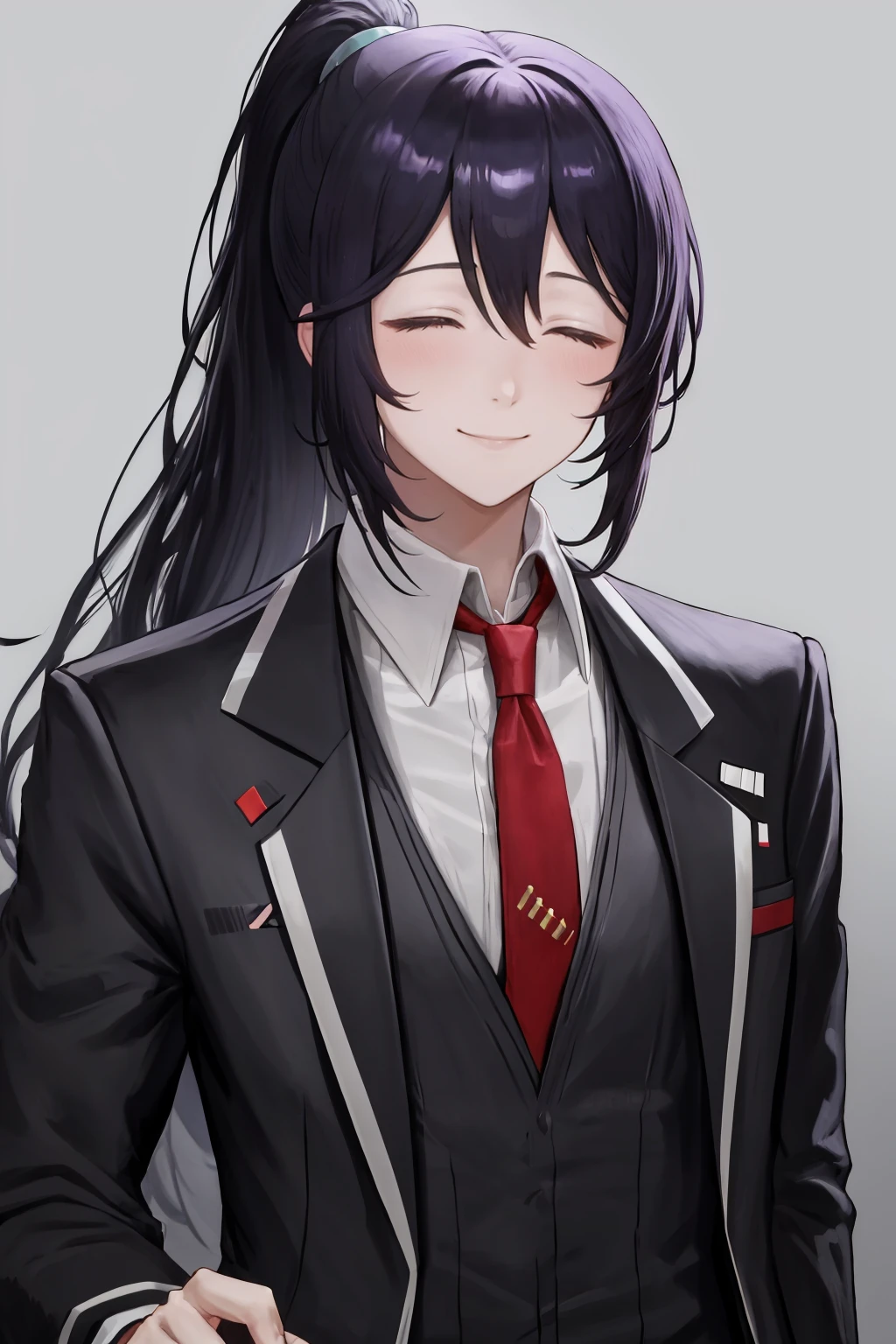 masterpiece, best quality, 1boy, male focus, solo, <lora:honglu-lc-richy-v1:1> honglu, ponytail, red necktie, collared shirt, black jacket, formal, looking at viewer, smile, closed eyes,