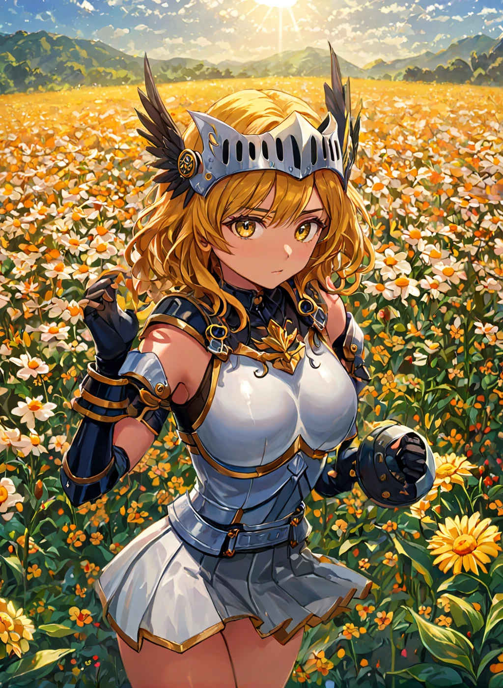 <lora:Valkiria_XL:0.8> Valkiria, winged helmet, wearing plate armor and skirt, dark version, (masterpiece), best quality, highres, 4k, 8k, cinematic lighting, amazing quality, amazing shading, soft lighting, Illustration, official artwork, anime style, wallpaper, official art, ultra detailed skin, ultra detailed face, perfect eyes, small skin imperfections, flower field, 1girl, Curly hair, saggy breasts, Slim body, silver eyes, Metallic gold hair