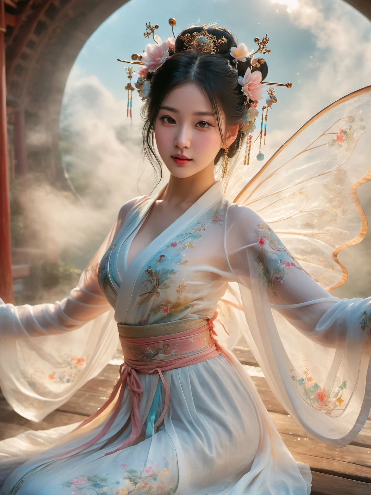yanyuelou, (((translucent,semitransparent,see-through:1.3))),(huge breasts:1.2,nipples:1.2),white_hanfu,long_black_hair,upper body,close-up,looking at viewer,
The painting depicts an ethereal fairy dancing gracefully on the misty clouds of a celestial palace in the heavens. She is clad in an immaculate white robe that floats lightly around her,the long sleeves flowing like mist. Ivory silk sashes trail behind her,tracing her delicate movements. The fairy's countenance is serene,her porcelain skin glowing in the golden sunlight. She dances with her palms pressed together and arms out-stretched,as if leading the clouds in herown waltz. Her slender figure drifts fluidly through the air on the gossamer clouds. Sparkling stardust and dew drops swirl around the maiden as she pirouettes. Below her stretches a sea of clouds in pastel hues. The scene seems suffused in divine radiance. The ambience evokes a feeling of weightlessness and tranquility. The fairy's dance on the celestial clouds appears ethereal and dreamlike.,
(High quality, Superb lighting, Highly detailed, Sharp focus, 8K UHD, masterpiece art),
<lora:yanyuelouSDXL-000008:0.8>