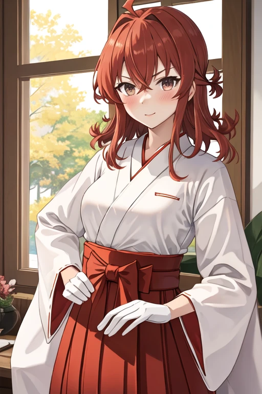 best quality, masterpiece, highres, solo, {white kimono:1.35}, {red hakama:1.35}, {wide sleeves:1.20}, {arashi_kantaicollection:1.15}, red_hair, ahoge, messy_hair, blush, vest, breasts