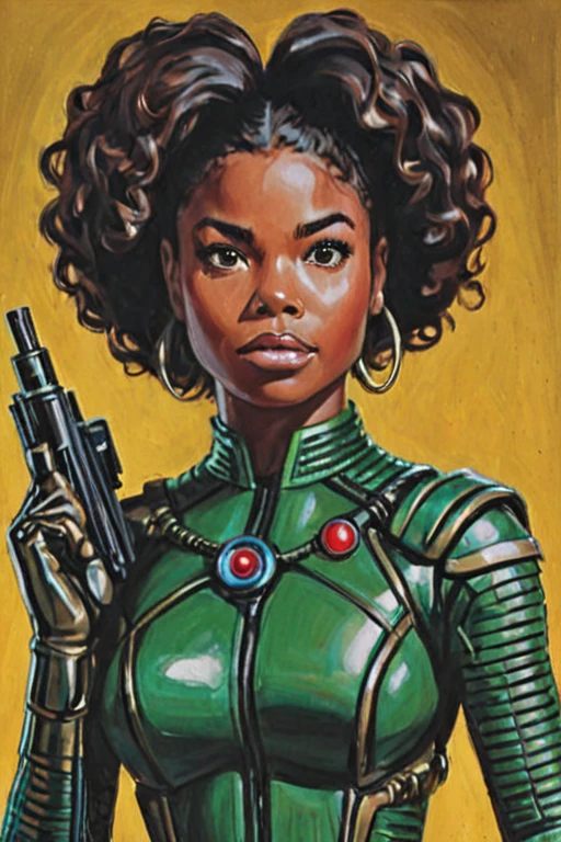 a solo portrait painting of Gabrielle Union :/, marsattacks style, 1girl, <lora:Mars_Attack_Style_XL_2>