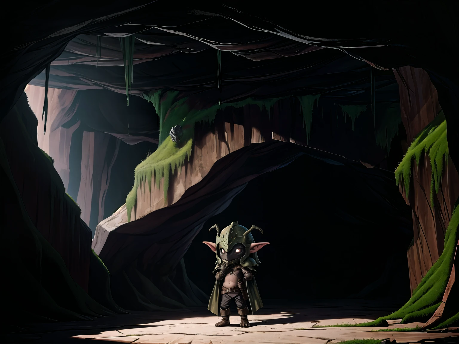 oil painting of a diminutive goblin wearing a metal helmet and leather tunic emerging from the shadows of a long cave wiry arms and taloned hands chiaroscuro black eyes background deep ominous cave