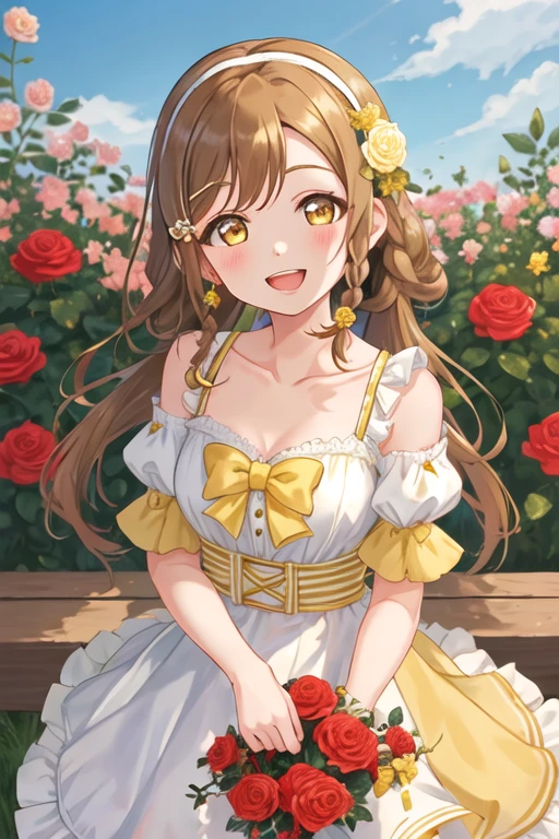 best quality, masterpiece, highres, solo, {kunikida_hanamaru_lovelivesunshine:1.15}, brown_hair, bangs, long_hair, blush, yellow_eyes, smile, brown_eyes, open_mouth, 1girl, braid, flower, hair_flower, hair_ornament, hairband, rose, short_sleeves, twin_braids, collarbone, :d, looking_at_viewer, red_flower, frilled_sleeves, heart, puffy_short_sleeves, upper_body