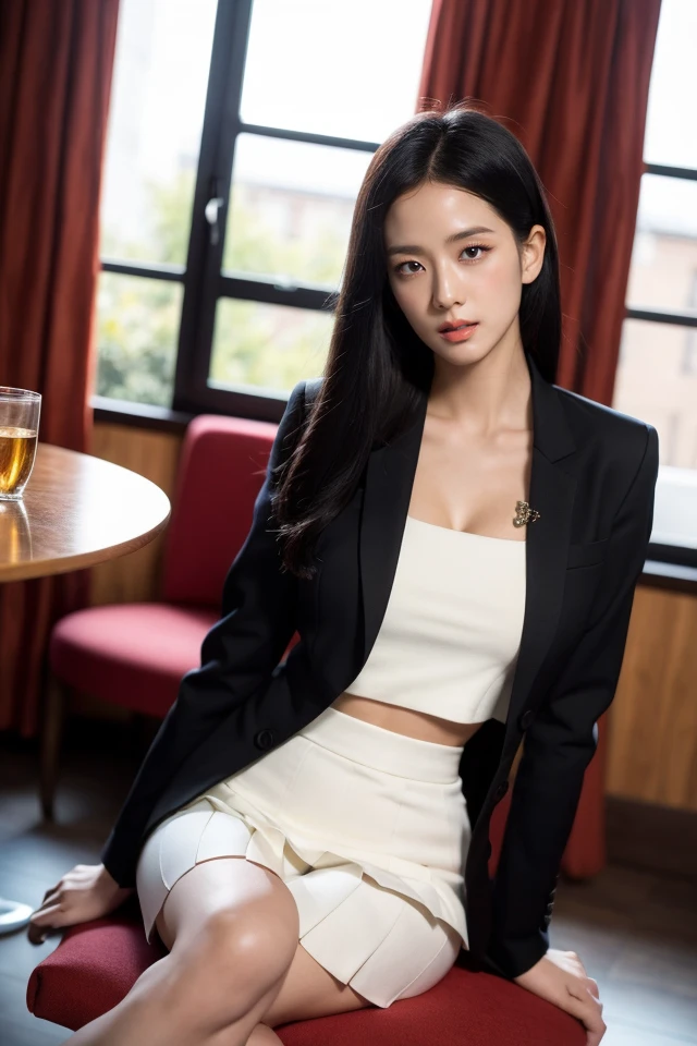 1girl,black ladies suit,white pleated skirt,sitting on the chair,best quality,masterpiece,illustration,an extremely delicate and beautiful,CG,unity,8k wallpaper,Amazing,finely detail,masterpiece,official art,extremely detailed CG unity 8k wallpaper,incredibly absurdres,huge filesize,ultra-detailed,highres,extremely detailed,beautiful detailed girl,realistic,indoors,<lora:Jisoo:0.8>,