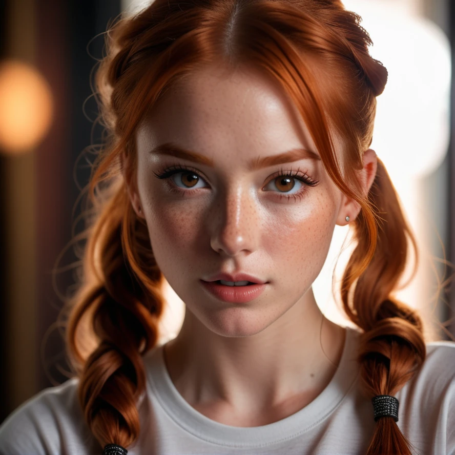 photo,8k,sharp focus,beautiful woman,close up,t-shirt,(detailed eyes:0.8),(looking at the camera:1.4),(highest quality),(best eyeshadow),brown eyes,rim lighting,two tone lighting,dimly lit,low key,intricate details,interior,ponytails,ginger hair:1.3,open mouth:0.7,freckles,