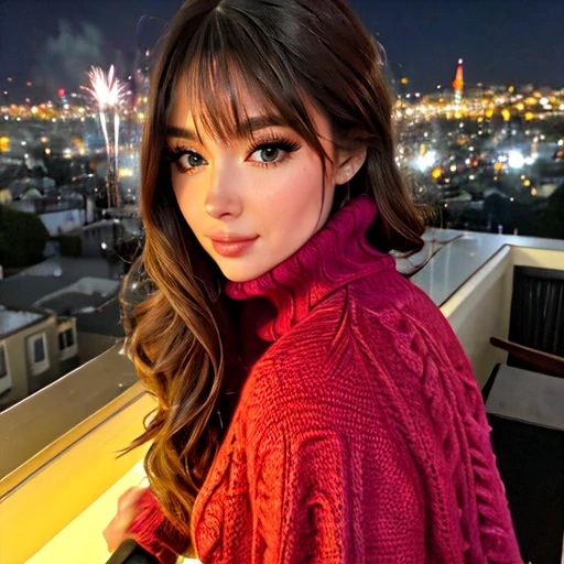 <lora:jenaurf_sd15_512_128_64_v1:1>jenaurf,1girl,looking at viewer, new years eve party fireworks in background, wearing a turtleneck sweater