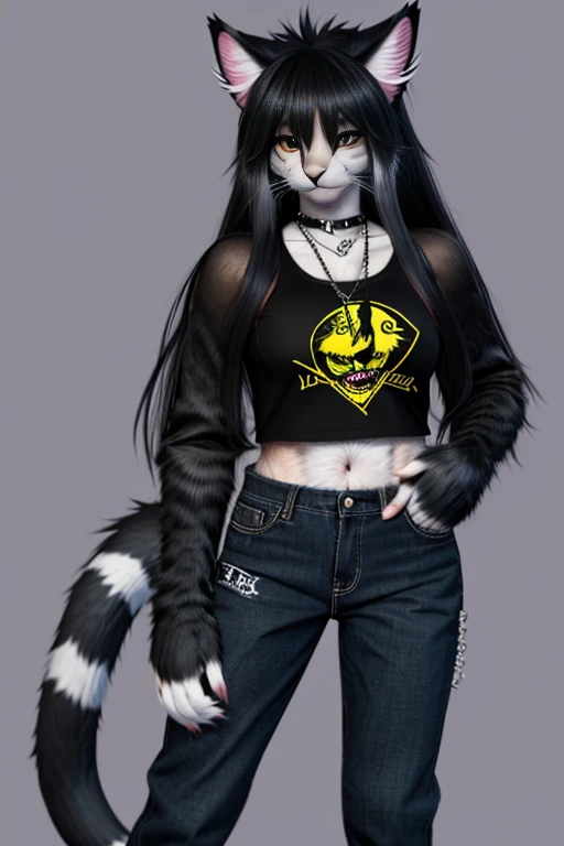 <lora:CatgirlLoraV7:1> punk catgirl covered in fur, long hair, tail