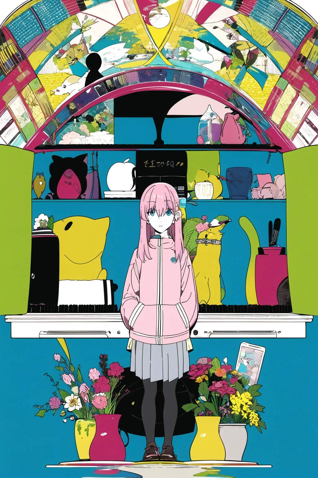 school uniform,cat,bird,instrument,fruit,flower,apple,piano,food,multiple boys,soccer ball,multiple girls,guitar,<lora:Nakamura:1>,3_zkz,(simple background:1.2),solo,(1girl:1.2),instrument,(looking_at_viewer:1.2),full_shot,<lora:bocchi_style_offset:1>,bocchi style,gotou hitori,1girl,blue eyes,(cube hair ornament:1.2),hair between eyes,hair ornament,hair over eyes,jacket,long hair,(one side up:1.2),pink hair,pink jacket,solo,track jacket,zipper,, masterpiece,best quality,highres,ultra high res,(abstract art:1.2),2d,(highlydetailed),(colorful),(intenseexpression),(fashionable),
