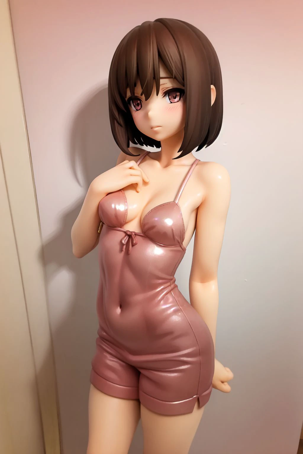 solo, 1girl, skeptical, brown hair, pink eyes, dark grey romper, graduated bob <lora:Erofigurine_style_v04:1>
