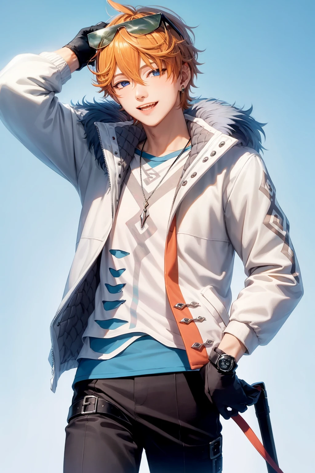 masterpiece, best quality, <lora:targatlia-mi:1>,
1boy,male focus,tartaglia \(genshin impact\),alternate costume, orange hair, short hair,blue eyes,earrings,dog tags,jewelry,gloves,fur trim,white shirt,open jacket,long sleeves, black pants,thigh strap,
eyewear on head, smile,
grey background, cowboy shot,