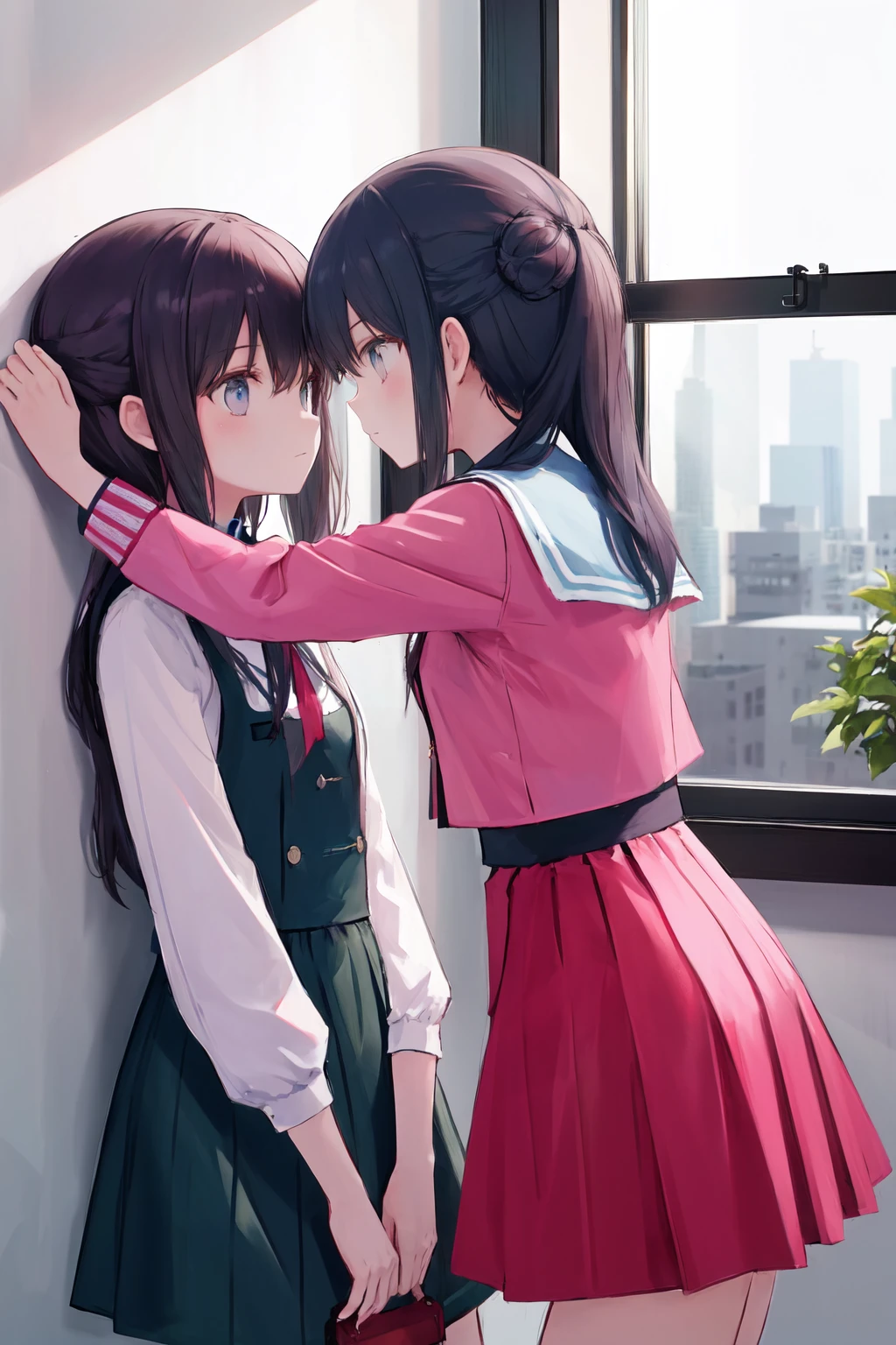 masterpiece, best quality, highres, 2girls kabedon against wall <lora:kabedon_from_side_retry:1> window