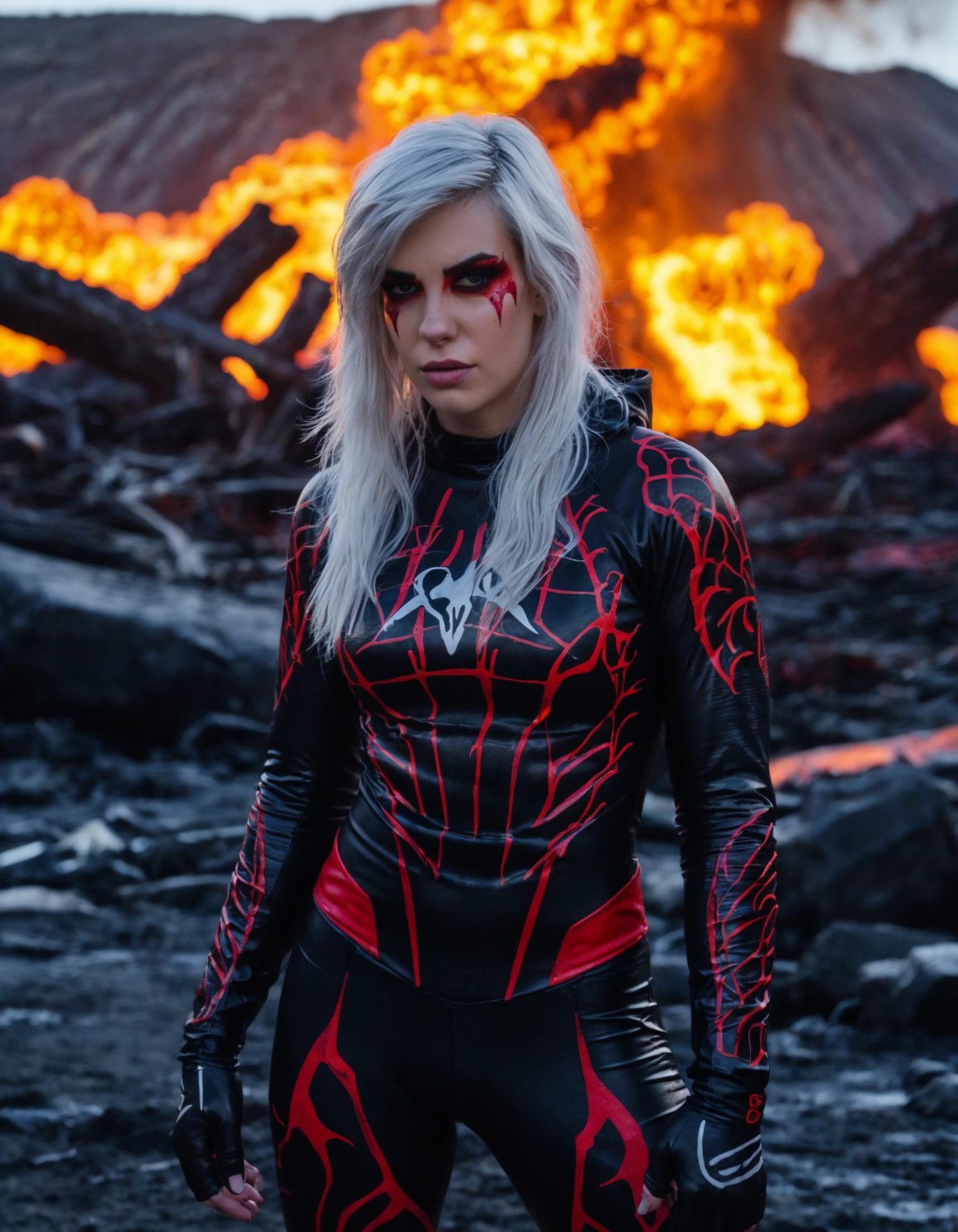 cinematic photo Reflection Photography, (((ohwx woman))) In a lava-riddled hell, a female human Demon (photorealistic:1.35) revels, surrendering to her insatiable rage. Her fierce face, painted with (wild, fiery makeup:1.2), reflects her raw power. She thrives amidst chaos, her savage abilities invoking fear in allies and foes alike. The hellish setting and her tempestuous demeanor embody the primal rage of her mythic path, <lora:alanah_dh128_sdxxxl_v1-step00008000:1> . 35mm photograph, film, bokeh, professional, 4k, highly detailed