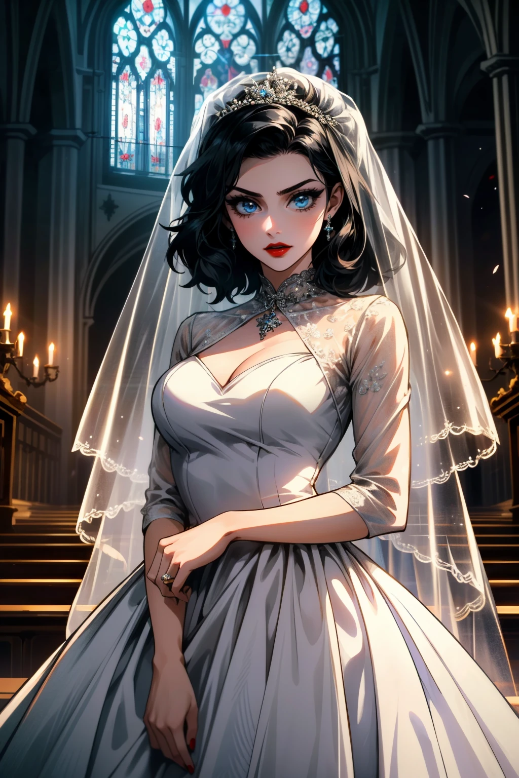 ((ultra detailed, masterpiece, best quality))
<lora:BioshockBurialElizabeth:0.9>
BioshockBurialElizabeth, 1girl, solo, black hair, blue eyes, red lipstick, wearing a wedding dress, bridal veil, inside a church