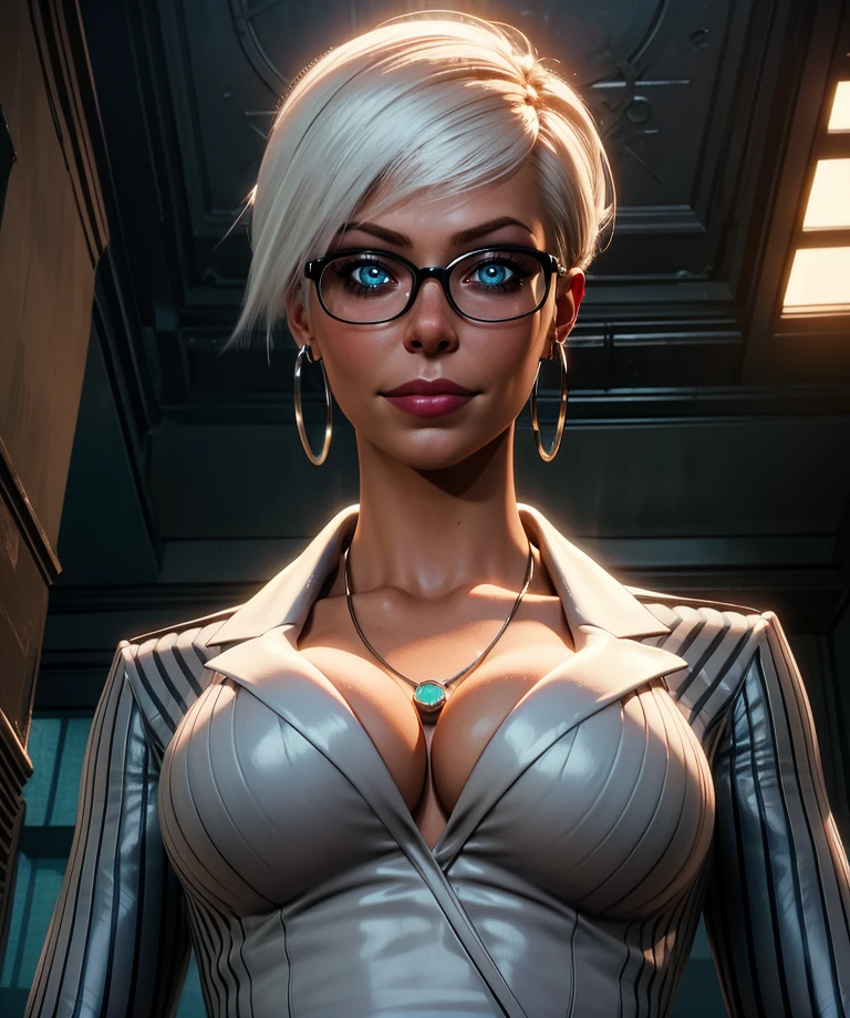 ch3rryg1g, ((masterpiece)), Caucasian, woman, stunning, gorgeous, 1 Girl, large Boobs, bob cut, white hair, (cyberpunk outfit, cleavage), blue eye color: 1.5, ((freckles)), ((glasses)), Perfect Body, Ultra Detailed Face, Detailed Lips, Fine Eyes, double eyelids, painted nails, earrings, colored lipstick, detailed hand, full lips, cyberpunk city background.