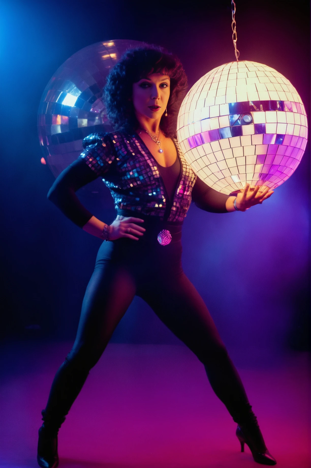 <lora:VinaAsikiSDXL-000006:1>, (full-body photo:1.1) of 40 yo VinaAsikiSDXL solo in 80's dance clothes, dancing in an 80's disco dancefloor, disco-ball, smoke, black-light