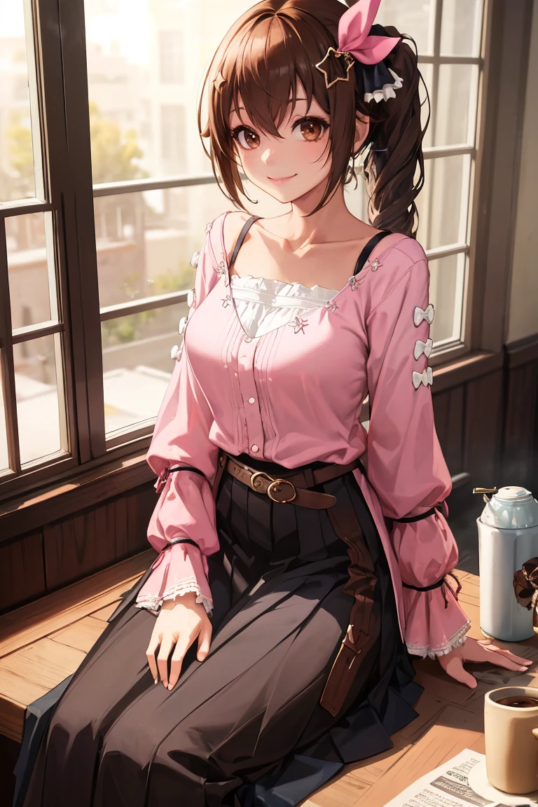 masterpiece, best quality, absurdres, SoraCasual, side ponytail, star hair ornament, hair ribbon, brown eyes, pink shirt, belt, brown skirt, long skirt, sitting, coffe shop, smile, <lora:TokinoSora:0.8>